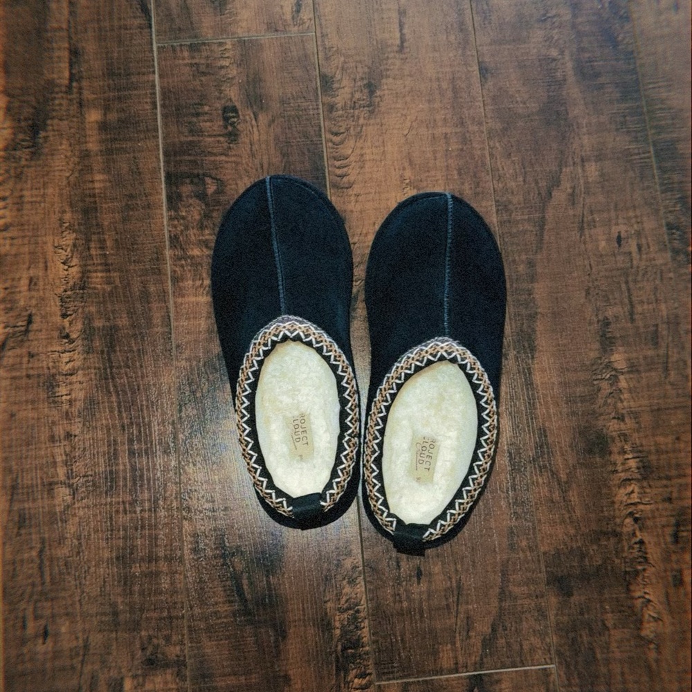 Project Cloud Black Fuzzy Clogs with Patterned Trim